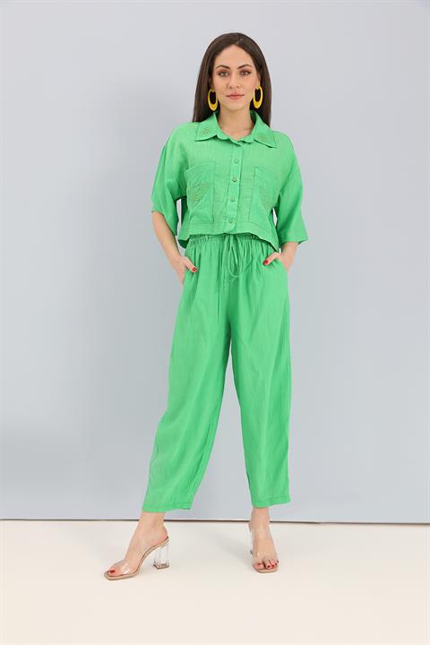 Takım Nakış Detaylı Viskon Gömlek Pantolon - Yeşil - Pazaribu