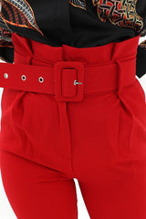 Yüksek Bel Atlas Kumaş Kemerli Pantolon - Kırmızı - Pazaribu