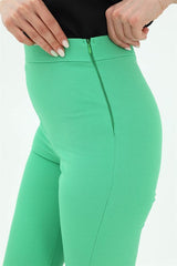 Yüksek Bel Gizli Fermuarlı İspanyol Paça Atlas Kumaş Pantolon - Yeşil - Pazaribu